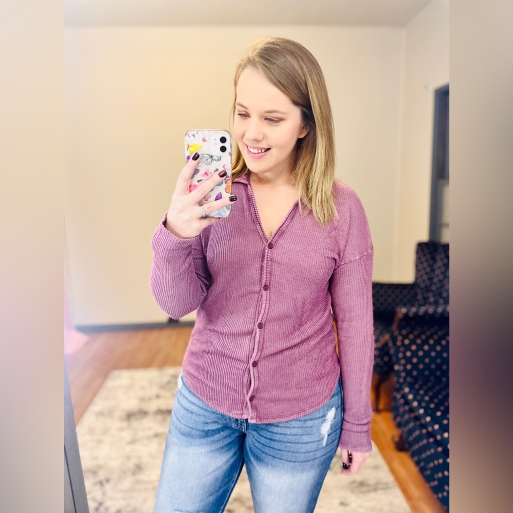 Garment Dye Wash Collared Button Down Ripped Top